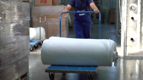 Текстильная Промышленность Рабочий Несет Рулон Ткани Тележке — стоковое видео