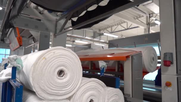 繊維工場だ リフトは完成したロールをカートに乗せて — ストック動画
