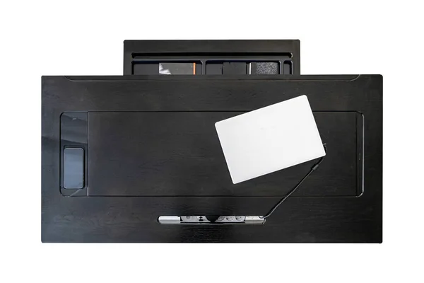 Escritório Mesa Madeira Marrom Escuro Com Computador Suprimentos Gaveta Aberta — Fotografia de Stock