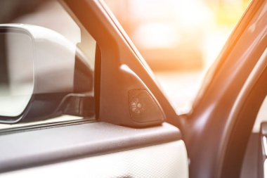 Car interior. Front handle door panel. Car open door window buttons