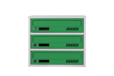 Beyaz arkaplandaki mavi renkli posta kutuları izole edildi. Dairenin posta kutusu girişi. Metal posta kutusu