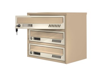 Posta kutuları dairede. Dairesinde kilitlenebilir merkezi olan metal posta kutusu. Posta kutusu beyaz arkaplan izole