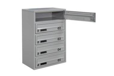 Posta kutuları dairede. Dairesinde kilitlenebilir merkezi olan metal posta kutusu. Posta kutusu beyaz arkaplan izole