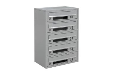 Posta kutuları dairede. Dairesinde kilitlenebilir merkezi olan metal posta kutusu. Posta kutusu beyaz arkaplan izole