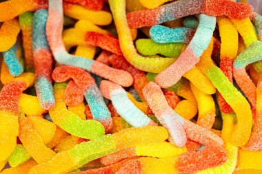 Değişik renkli jelibon şekerlemeler. Üst Manzara. Jöleli şekerler.