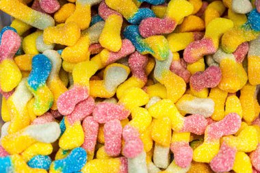 Değişik renkli jelibon şekerlemeler. Üst Manzara. Jöleli şekerler.