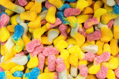 Değişik renkli jelibon şekerlemeler. Üst Manzara. Jöleli şekerler.