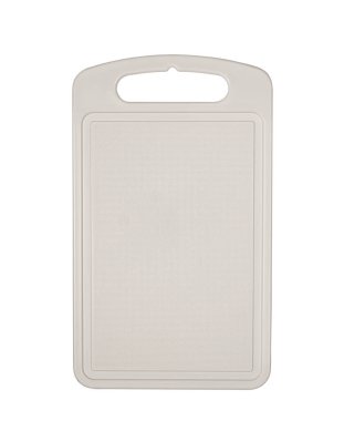 Beyaz arkaplanda plastik kesme tahtası