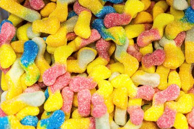 Değişik renkli jelibon şekerlemeler. Üst Manzara. Jöleli şekerler.
