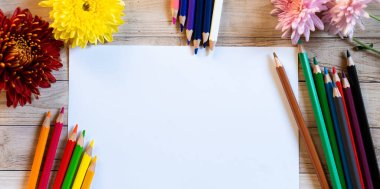 Chrysantemum sonbahar buketi kalemler kopya alanı beyaz kağıt renkli maket