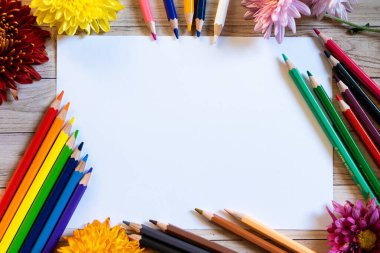 Chrysantemum sonbahar buketi kalemler kopya alanı beyaz kağıt renkli maket