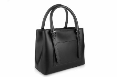 Gri perçinli siyah gri deri çanta, izole edilmiş beyaz arka plan. Siyah çanta modası. Beyaz çantalı kadın modası