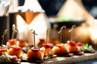 Partiyi kutlamak için atıştırmalıklar. Hafif atıştırmalıklar, açık büfe, şarap için balık ve et