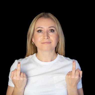 Closeup cropped portrait of nervous cheeky annoyed blonde woman showing teeth gesturing two fuck off signs with middle finger isolated on blue background