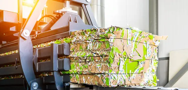 Kağıt geri dönüşüm kamyonu ve forklift eski kağıtları yeniden yüklüyor