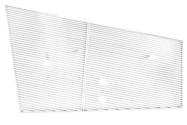 Modern bir depoda parlak ışıkları olan bir tavan, alışveriş merkezi binası, ofis veya diğer ticari gayrimenkul eşyaları. Tavanın altındaki raylarda LED ışıkları