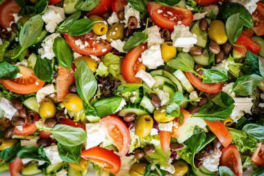 Taze domatesli sağlıklı sebze salatası, yeşil yapraklı karışım ve sebze. Koyu arkaplanda üst görünüm. Diyet menüsü