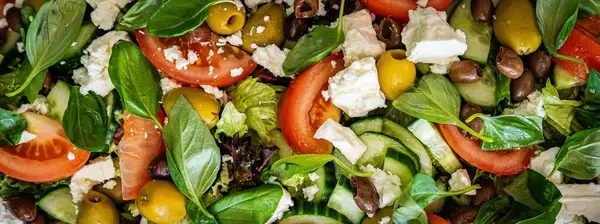 Taze domatesli sağlıklı sebze salatası, yeşil yapraklı karışım ve sebze. Koyu arkaplanda üst görünüm. Diyet menüsü