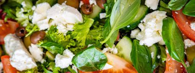 Taze domatesli sağlıklı sebze salatası, yeşil yapraklı karışım ve sebze. Koyu arkaplanda üst görünüm. Diyet menüsü