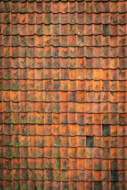 Çatı kiremit dokusu. Çatı katı malzemesi. Çatı kiremit desenini tekrarlayın. Klasik ev dış çatı tasarımı. Mimari öğe, çatı katı. Binanın tepesinde. Metal profilli çatı fayansı. Vektör illüstrasyonu.