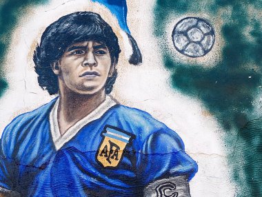 BUENOS AIRES, ARGENTINA - CIRCA MARCH 2023: Buenos Aires 'te Diego Armando Maradona' nın duvar resmi..