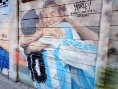 BUENOS AIRES, ARGENTINA - CIRCA MARCH 2023: Buenos Aires 'te Diego Armando Maradona' nın duvar resmi..