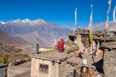 JHARKOT, NEPAL - CIRCA NOVEMBER 2013: Jharkot köylülerinin günlük yaşamı Kasım 2013 dolaylarında Jharkot 'ta.