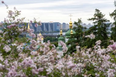 İlkbaharda leylak çiçeklerinin çerçevelediği Kyiv manastırı kubbeleri
