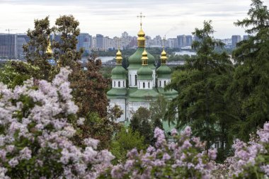 Kyiv ilkbaharında leylak çiçeklerinin çerçevelediği ortodoks kilise kubbeleri
