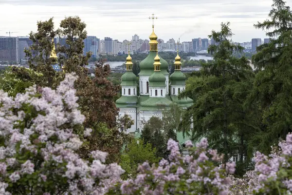 Kyiv ilkbaharında leylak çiçeklerinin çerçevelediği ortodoks kilise kubbeleri