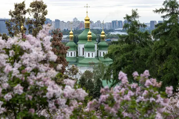 Yeşil kubbeli Ortodoks Kilisesi Bahar leylağı çiçeğiyle çerçevelenmiş