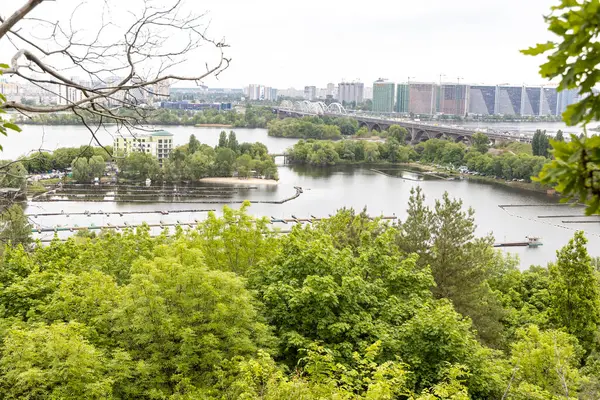 Köprü ve yemyeşil ağaçlarla panoramik şehir nehir manzarası
