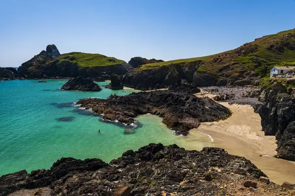 Idyllic Turquoise, Cornwall, Kertenkele Yarımadası yakınlarındaki Kynance Koyu ve Plajı 'nı renklendirdi.