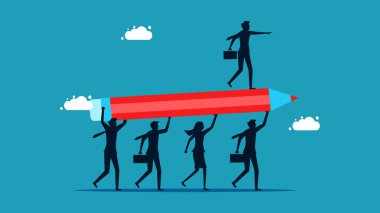 Liderler takım olarak çalışır. Kalem tutan bir iş adamı takımı. İş konsepti vektör çizimi