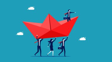 İş dünyası takım lideri. Kağıt tekneler tutan iş adamları. iş konsepti vektör illüstrasyonu