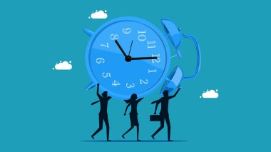 Takım çalışması zamanı. Büyük bir saat tutan bir iş adamı takımı. vektör illüstrasyonu