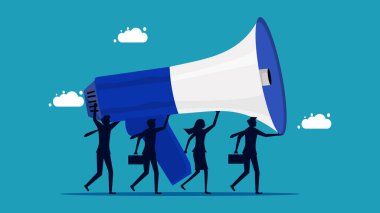 Halkla ilişkiler ekibi. Büyük bir megafon tutan bir iş adamı ekibi. Vektör illüstrasyonu