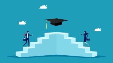 Rekabet ve öğrenme motivasyonu. İş adamı mezuniyet şapkası vektörünü kazanmak için merdivenleri çıkıyor.