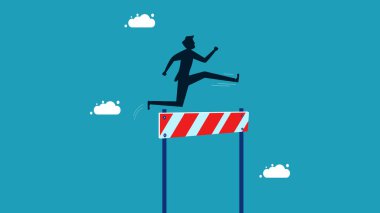 Zorlukların üstesinden. Geliştirme veya geliştirme. İş adamı engel vektörünü aştı