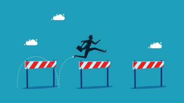 Engelleri aşmak. İşadamı engellerin üzerinden atlıyor. vektör illüstrasyonu