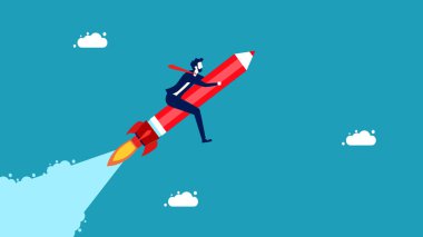 Yaratıcılık ya da hayal gücü özgürlüğü. Kalem roketi kullanan bir işadamı gökyüzünde uçuyor.