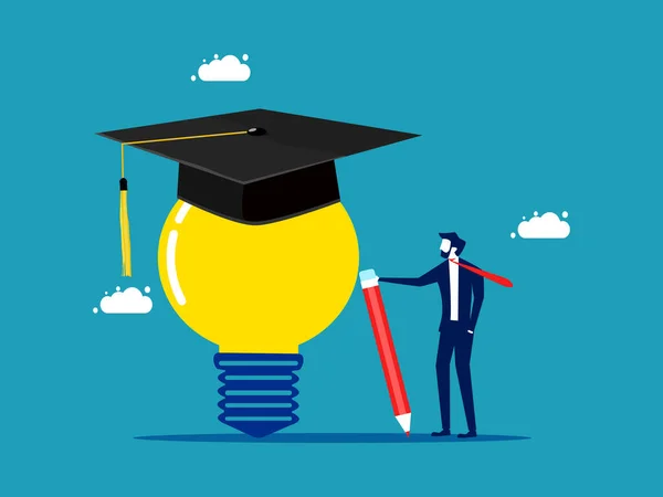 学习智力 拿着铅笔和灯泡站在那里 头戴毕业帽的商人 — 图库矢量图片