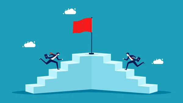 Competição Liderança Homem Negócios Subindo Escadas Para Ganhar Vetor Bandeira — Vetor de Stock