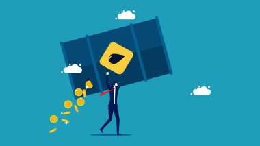 Enerji masrafları. İşadamı, madeni para vektörünü kaybetmiş bir varil petrolü tutmaya çalışıyor.