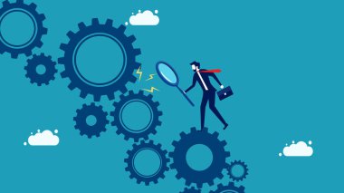 Analiz et ve iş kusurlarını bul. İş adamı vites vektörüne bakmak için büyüteç kullanıyor.