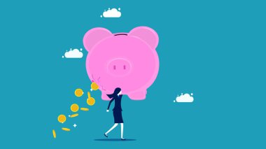 Finansal eksiklikler. Sürtük tasarruf için para harcadı. Sızdıran para taşıyan iş kadını domuz bankası vektörü