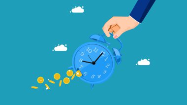 Paranın değeri zamanla azalır. İş adamı elinde para sızdıran bir saat tutuyor.