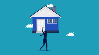 Ev yatırımı. Elinde ev tutan bir iş adamı. vektör illüstrasyonu