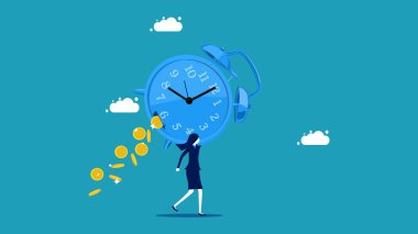  Zamanın değerini kaybederiz. İş kadını elinde büyük bir saat tutuyor ve para vektörden akıyor.