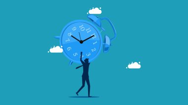 Bir sürü zaman. Büyük bir saat tutan bir iş adamı. iş konsepti Vektör illüstrasyonu